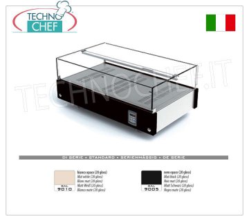 Warme Arbeitsvitrinen BEHEIZTE Arbeitsvitrine mit Plexiglaskuppel, komplett mit Verstärkungsstange und Klapptüren an 2 Fronten, Linie CORNICE, mit Holzsockel in den Standardfarben, Temperatur 65°C, V.220/1, Kw.0,54, Abm.mm.870x510x375h