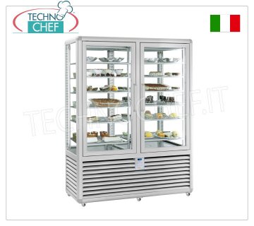 Vetrina Congelante per Pasticceria-Gelateria 2 Porte, 2 Vani, 2 Motori, Temp.-15°-25°C // -15°-25°C. Gefrier-Gefriervitrine für Eisdielen, Fassungsvermögen 848 Liter, 2 Türen, 2 Temperaturen. -15°/-25°C // -15°-25°C. , 2 separate Fächer, 2 MOTOREN, statisch, mit 4 Ausstellungsseiten, 12 Regale mit den Maßen 560 x 460 mm, V.230/1, Kw.0,7+0,7, Gewicht 287 kg, Abm.mm.1380x620x1860h