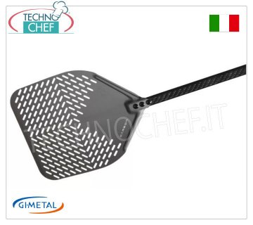 Gi.Metal - Rechteckiger Pizzaschieber aus perforiertem Aluminium, Carbon Line, Grifflänge 150 cm Rechteckige perforierte Pizzaschaufel aus Aluminium, mit 1500 mm Carbon-Stiel, Carbon Line, leicht, glatt und widerstandsfähig, Abmessung 330 x 330 mm.