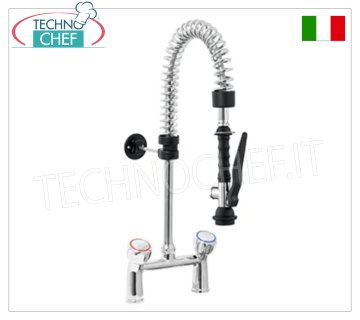 Rubinetto Miscelatore biforo con doccia sospesa alta 600 mm, versione mini, comandi a manopole